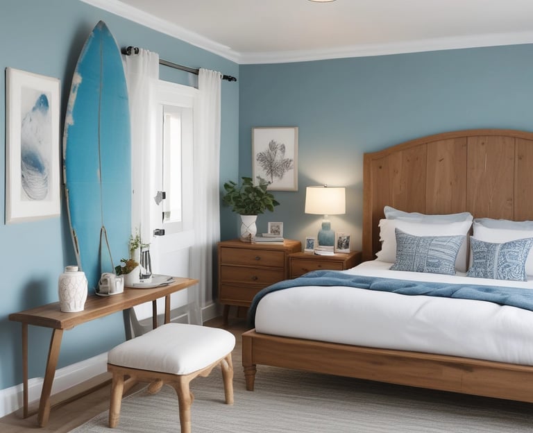 Cozy beachfront room with ocean view and tropical decor inspired by Hawaiian beaches.