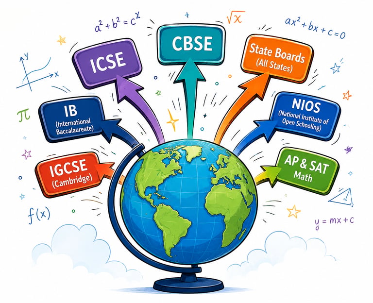 Cartoon-style globe with arrows pointing to international math education boards including CBSE, ICSE