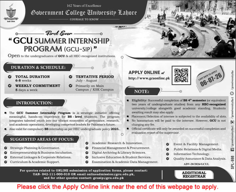 GCU Lahore Summer Internship Program 2026 advertisement for BS students