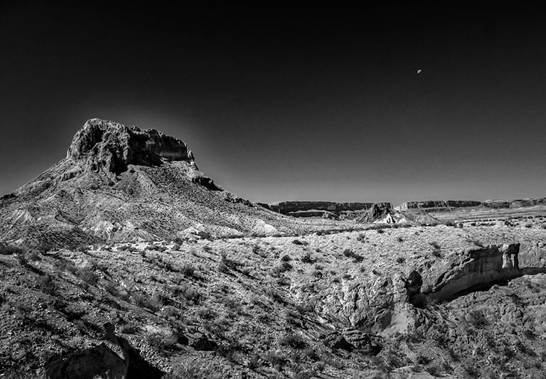 Half-moon rising above the dramatic entrance of Santa Elena Canyon in Big Bend National Park