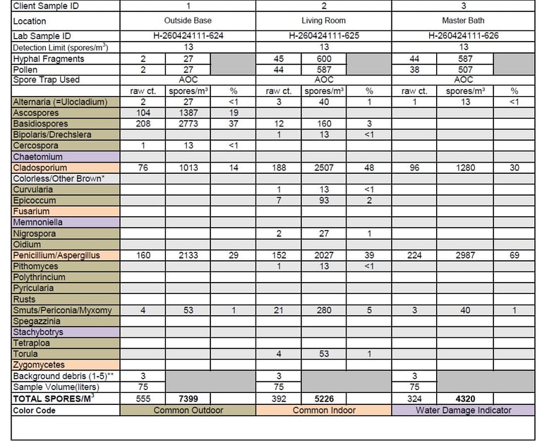 A laboratory air quality report showing spore counts for mold species like Penicillium and Aspergillus.
