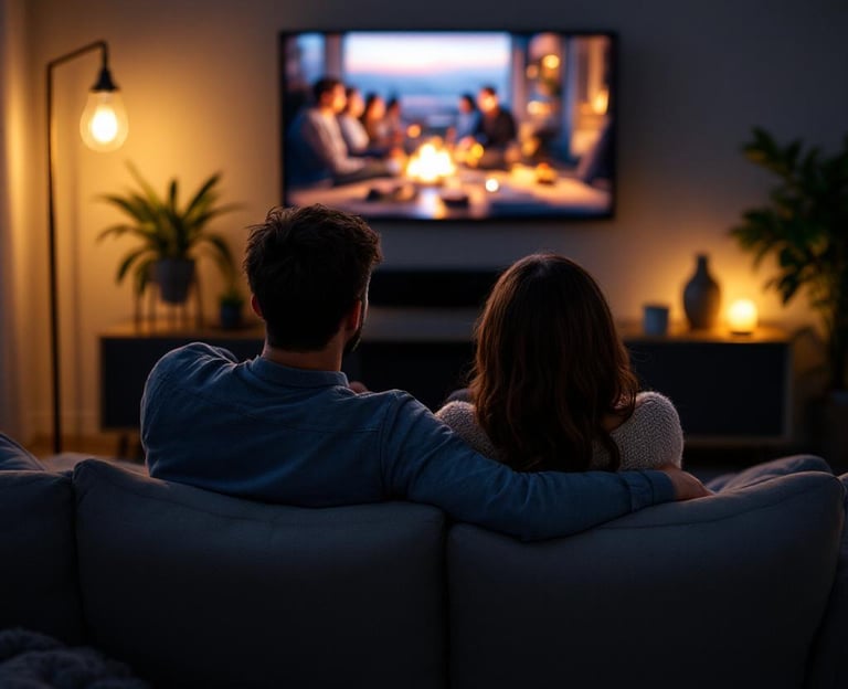 a couple sitting on a couch watching tv