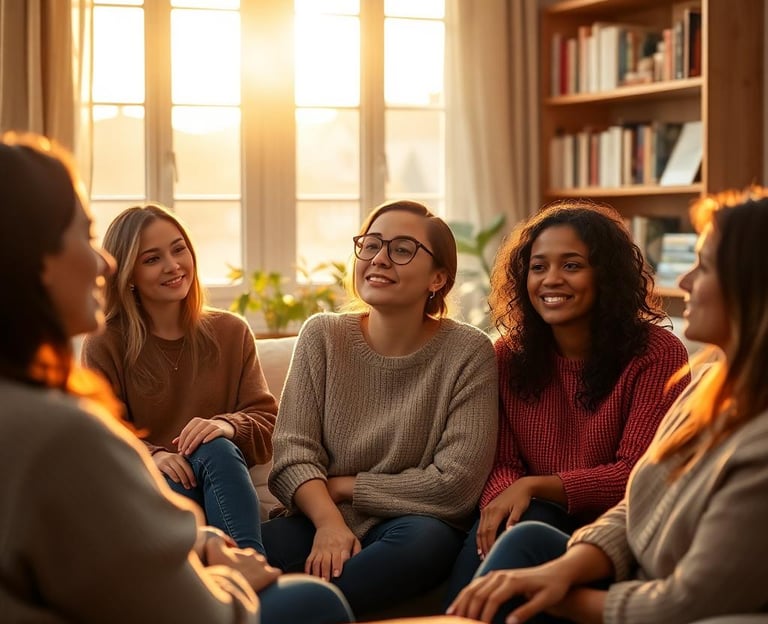 a group of friends sitting on a couch in a living room