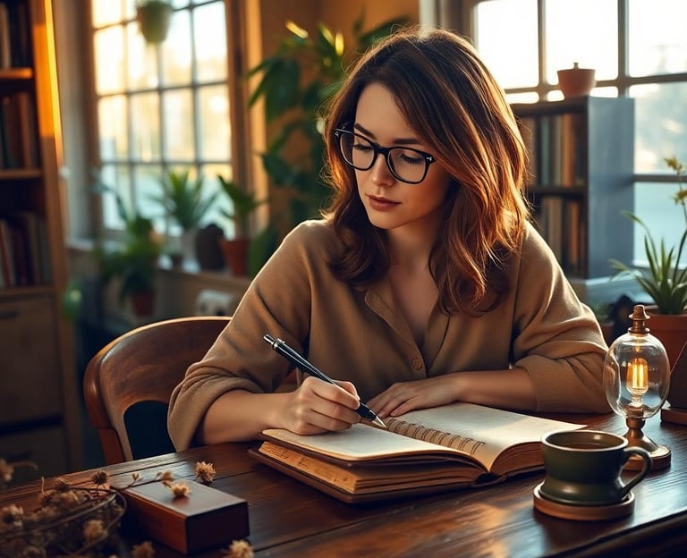 a woman is sitting at a table with a pen and a notebook