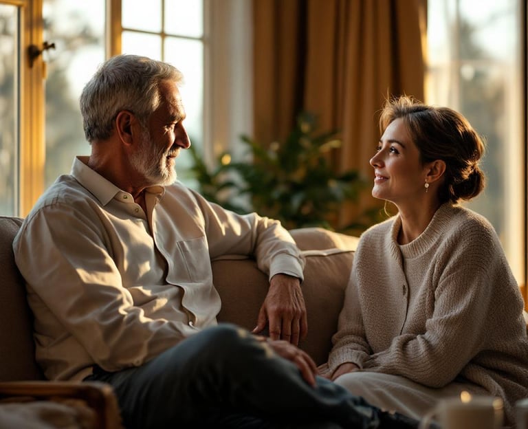 a man and woman sitting on a couch