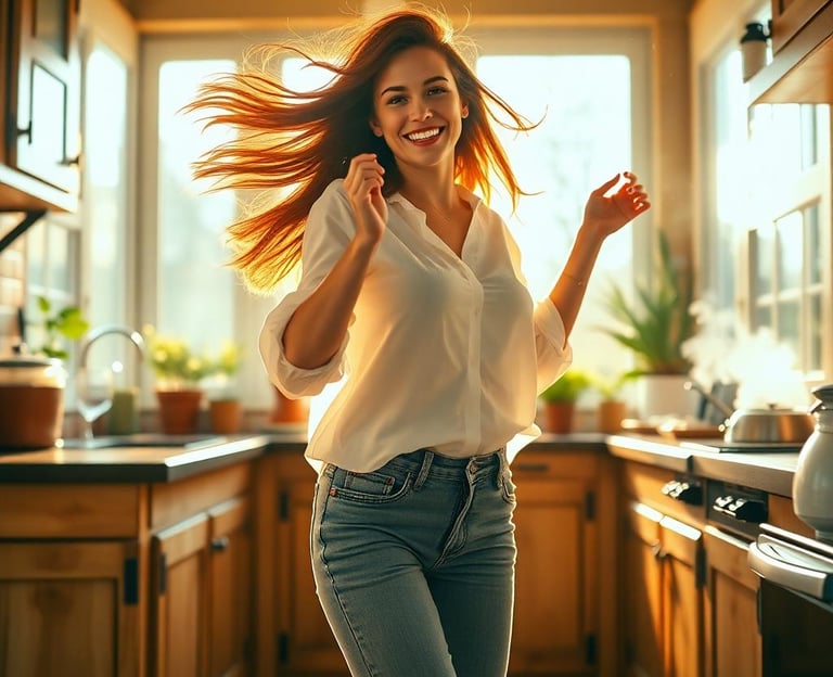 woman dancing in her kitchen