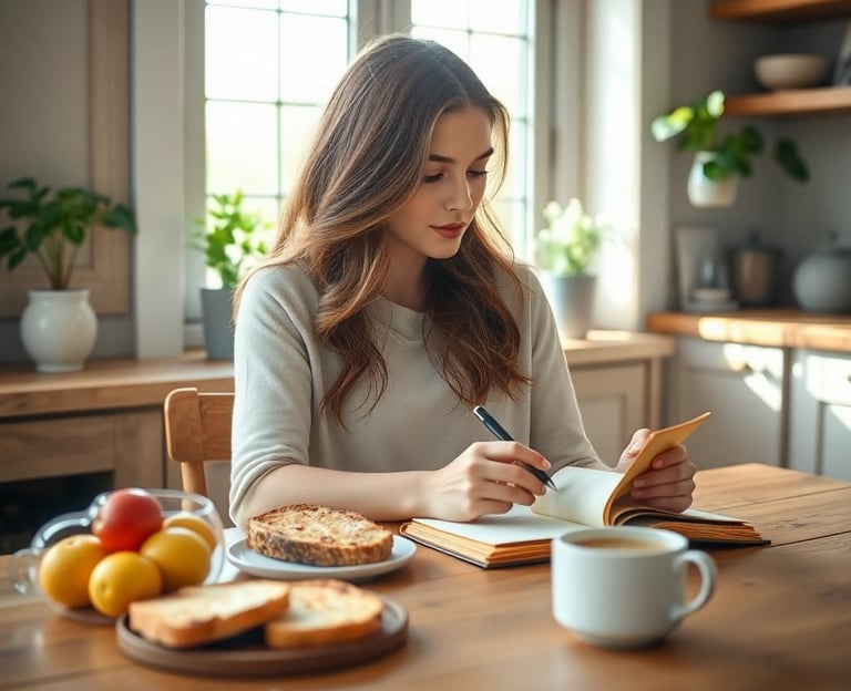 a woman is writing on a notebook while sitting at a table