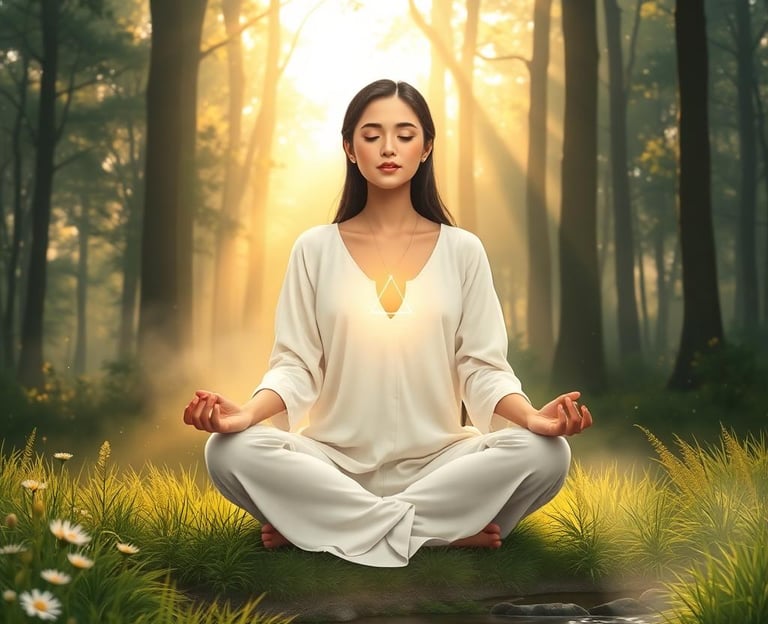 a woman sitting in a meditation position in a forest