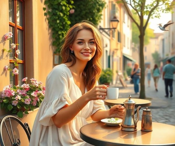 woman enjoying the sunshine and drinking a cup of coffee