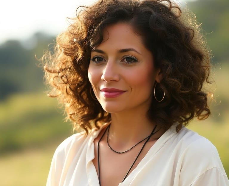 a woman with curly hair and a white shirt