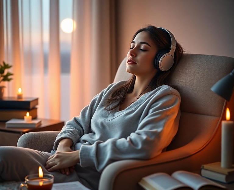a woman sitting in a chair with headphones on