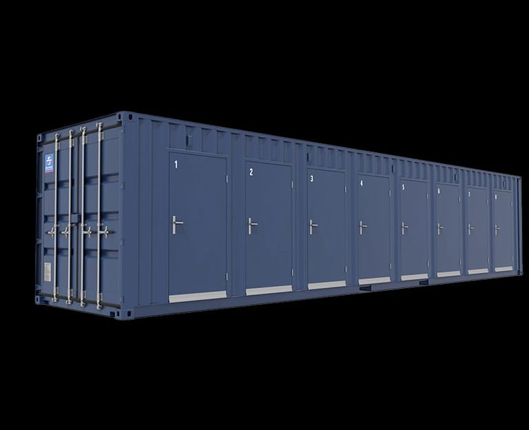 Blue multi-door self-storage shipping container with numbered units on a black background.