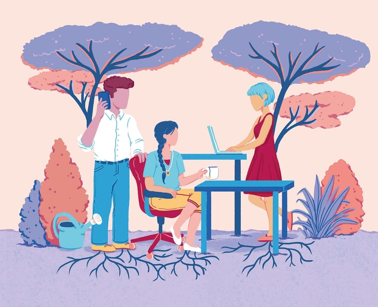 a man and 2 women sitting at desks with laptops, in the background a forest and nature