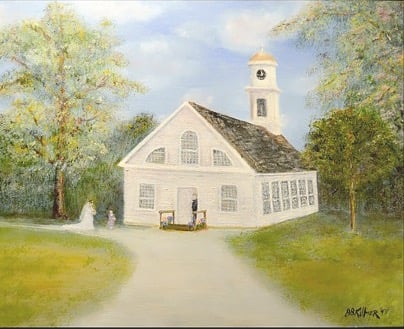 a painting of a church during wedding day