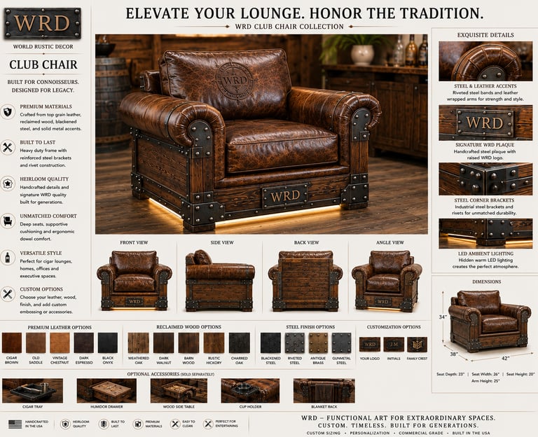 Vintage brown leather club chair with wood panels and steel accents from the WRD luxury furniture collection.