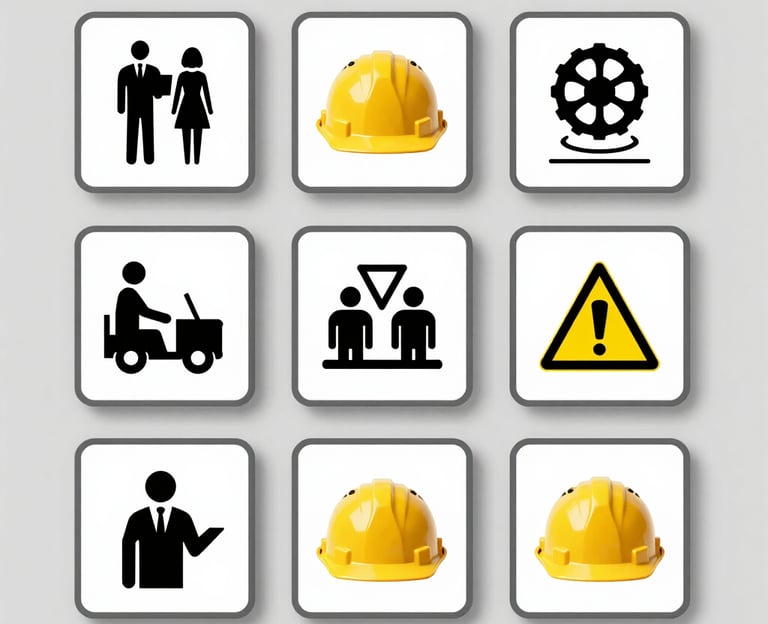 Industrial safety icons showing hard hats, forklifts, gears, and warning signs for workplace security.