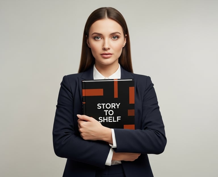 Executive holding a book with captivating cover design featuring 'Story to Shelf'