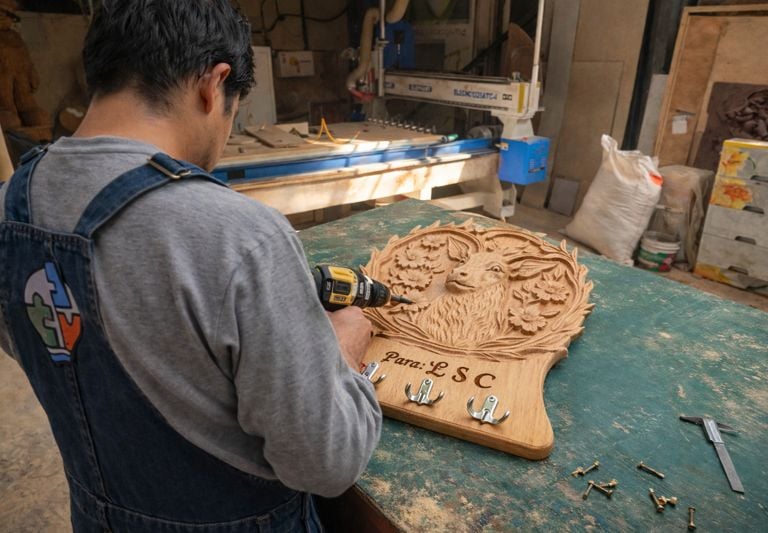 Montaje de accesorios metálicos en perchero de madera fabricado a medida