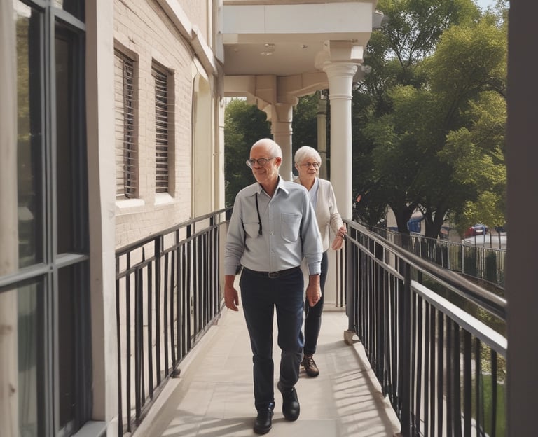 An elderly person wearing a red sari sits beside a large dog in front of a rustic, traditional mud house. The person appears contemplative or pensive, with a hand resting on their head. A charpoy, or traditional woven bed, is visible to the side.