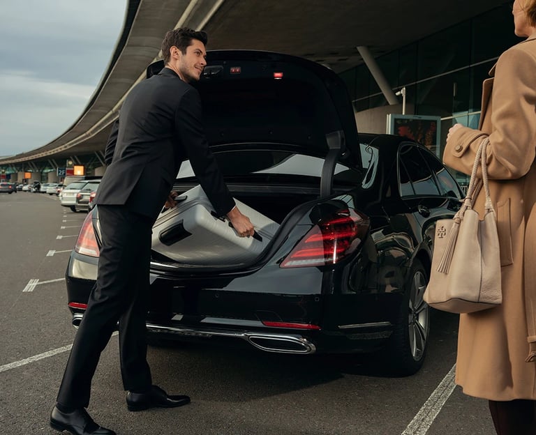 a man and woman standing in front of a car
