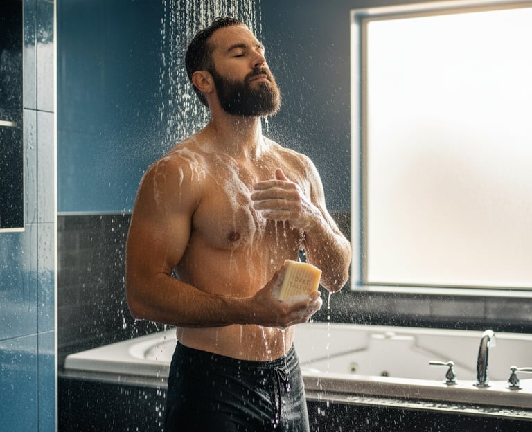 a man in a bathtub with a shower head