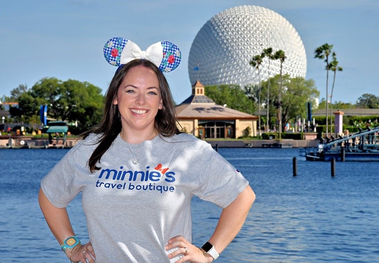 Katie Heck pictured in front of Spaceship Earth at EPCOT®.