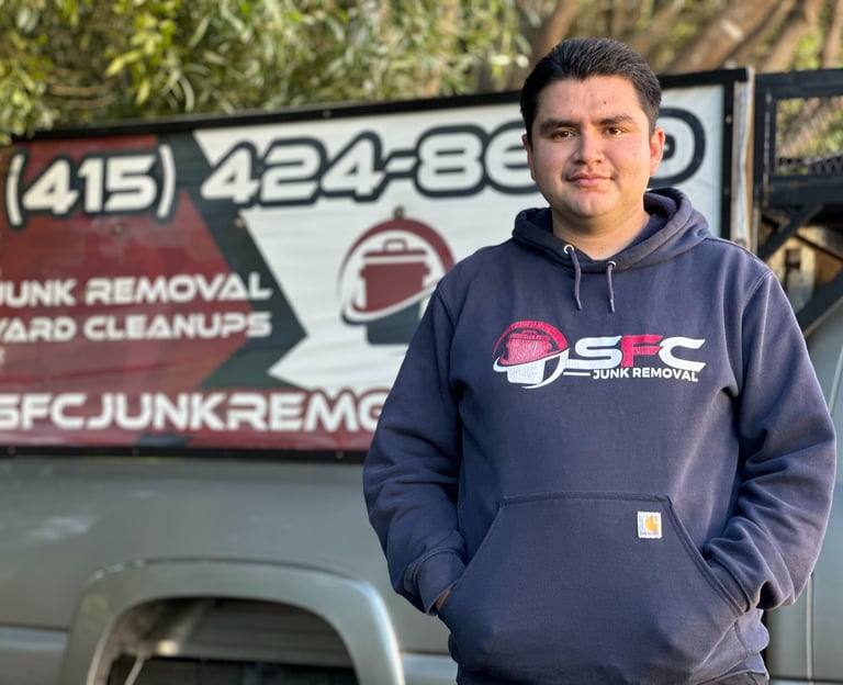 SFC Junk Removal pro dismantling office cubicles in the Bay Area.