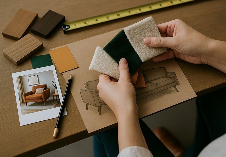 Hands holding fabric swatches over a sofa sketch with wood samples and a Polaroid of a mid-century chair.