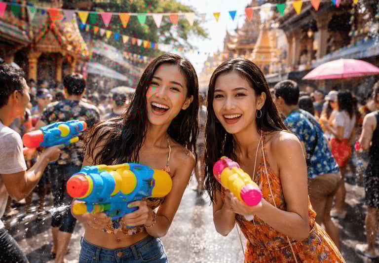 Zwei lächelnde Frauen feiern das Songkran-Wasserfest in Thailand mit bunten Wasserpistolen.