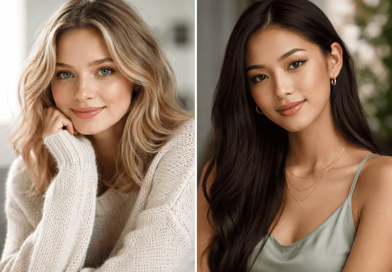 Porträts von zwei schönen Frauen mit strahlender Haut und stilvollen Frisuren