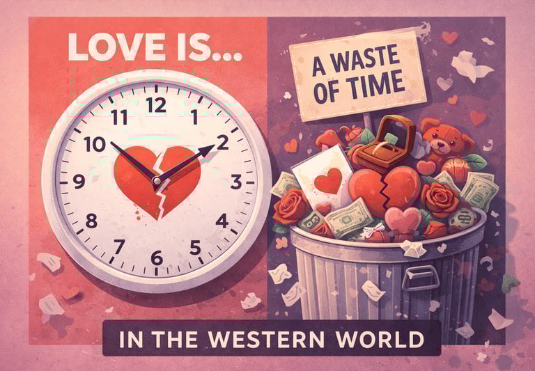 Konzeptkunst mit einer Uhr, einem gebrochenen Herzen und einem Mülleimer voller romantischer