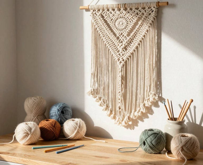 A cozy workspace with soft yarns, crochet hooks, and a half-finished macrame wall hanging bathed in warm natural light.