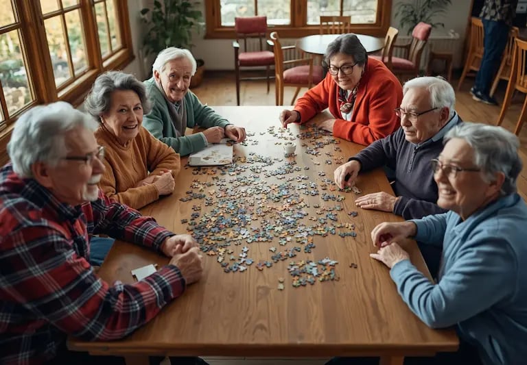 Eine Gruppe älterer Menschen löst gemeinsam Puzzles