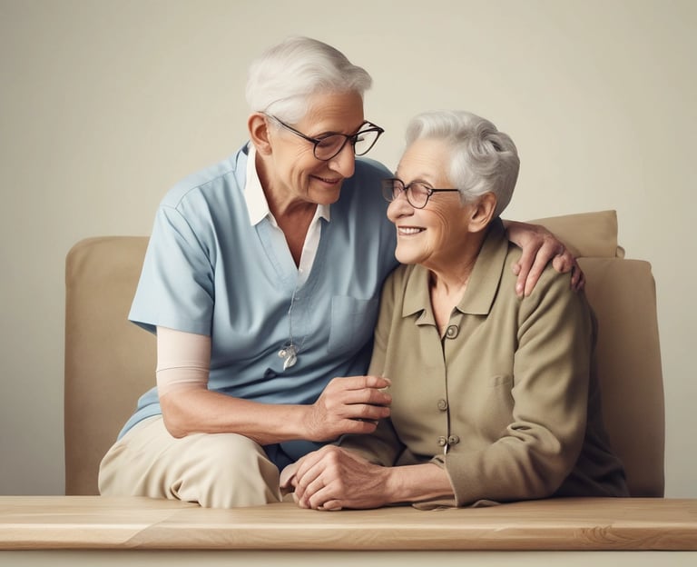 A caregiver helping an elderly woman with mobility support as they walk slowly through a sunny garden.