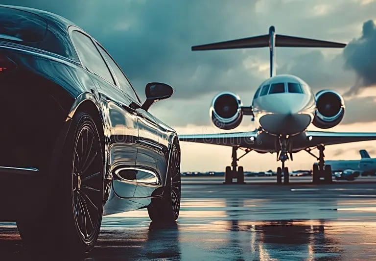 Luxury black car parked next to a private jet on a wet airport runway during sunset.