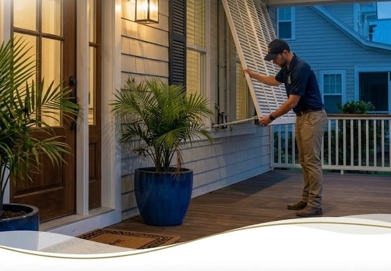 Professional technician installing hurricane shutters on a coastal residential home's window for storm protection.