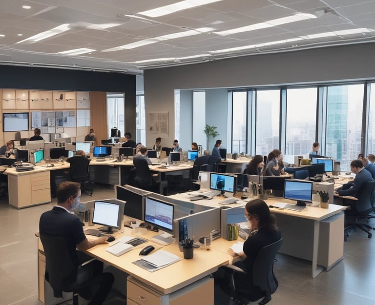 A professional team discussing intellectual property strategies in a modern office setting.