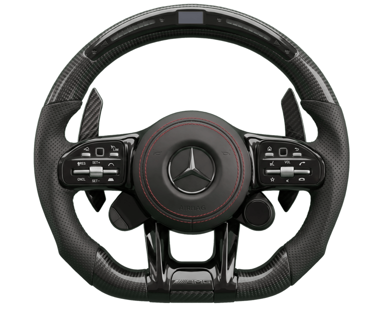 Custom Mercedes AMG carbon fiber steering wheel with perforated leather and digital LED display.