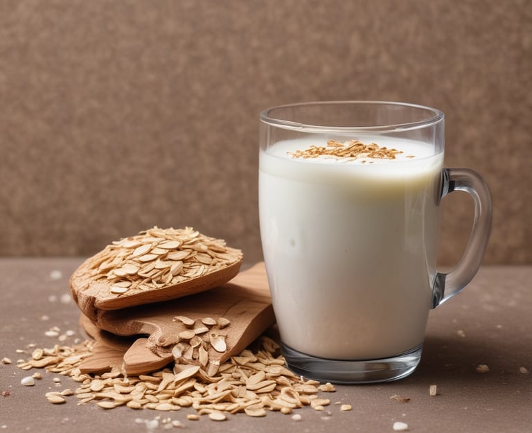 Close-up of creamy oat milk pouring into a coffee cup.