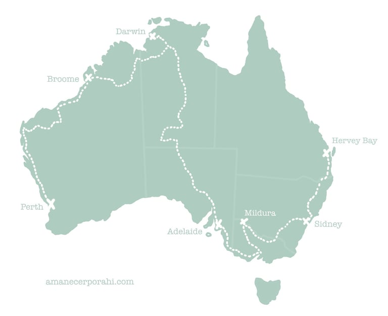 Map of Australia with the places where I lived and worked