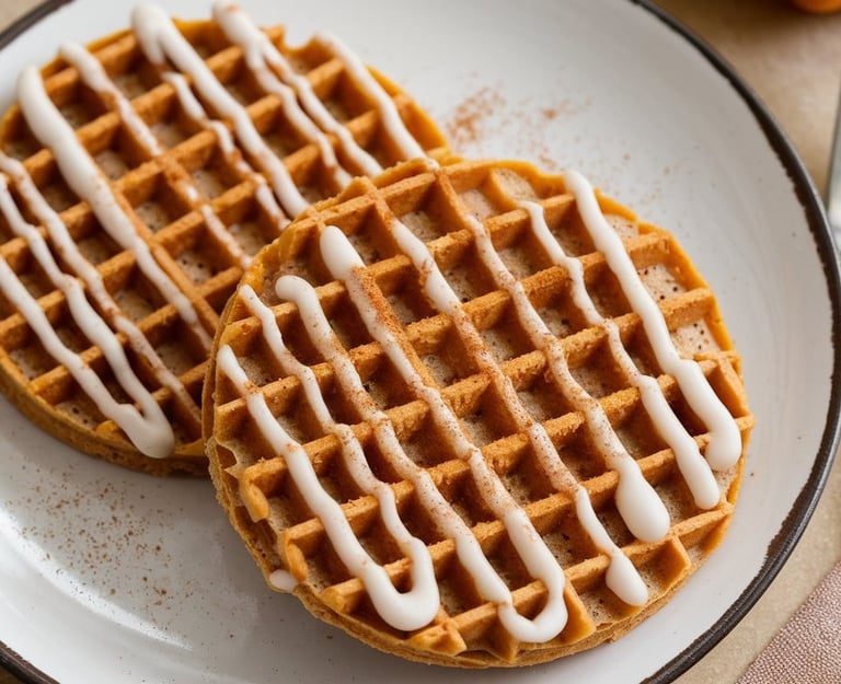 2 brown thin round Pumpkin Spice Chaffles with Cinnamon Icing drizzed on top with sprinkles of pump