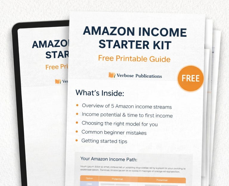 Amazon Income Starter Kit free printable PDF guide mockup displayed on tablet and printed pages