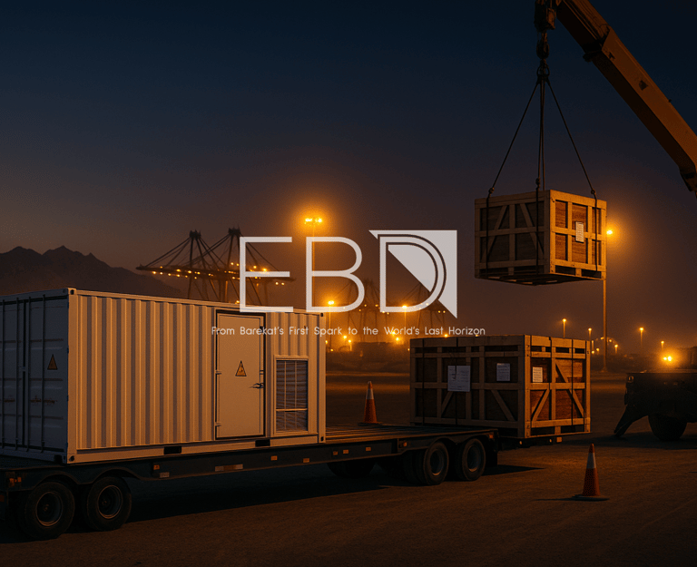EBD trading—BESS container and substation equipment loaded at an Omani desert port, highlighting approvals, logistics, and su