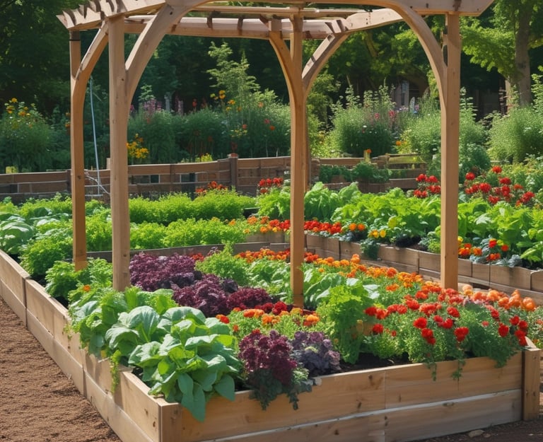 A beautifully arranged home garden with various herbs and vegetables.