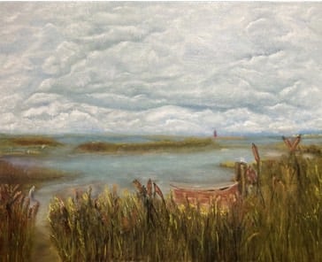 a painting of a boat in the water at New Jersey Coast