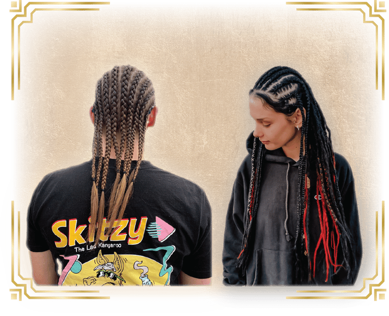 a man and woman with cornrows
