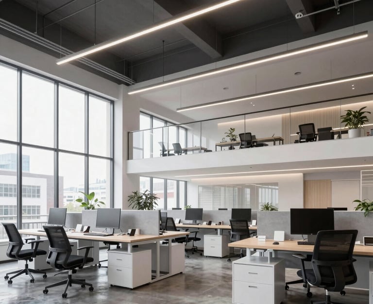 Engineers collaborating over electrical schematics in a modern office.