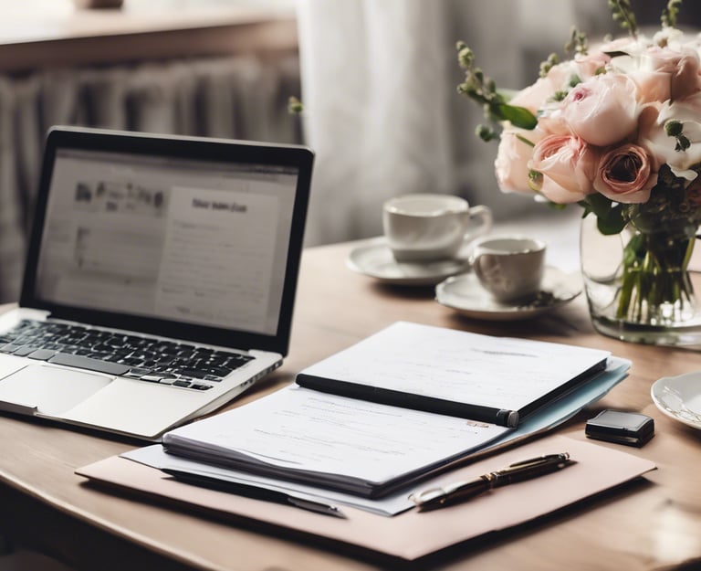 Carnet ouvert, ordinateur portable et fleurs sur un bureau