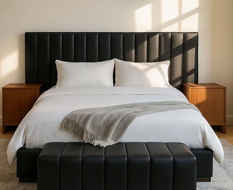 Designer bedroom with a custom wide headboard by Solo Home Decor