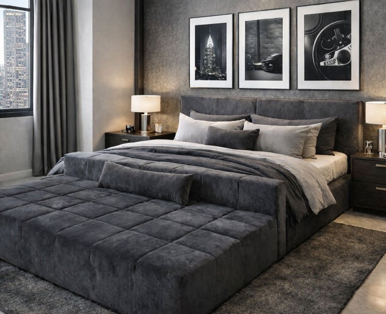 Custom gray upholstered bed frame with wall panels and bedroom bench by Solo Home Decor